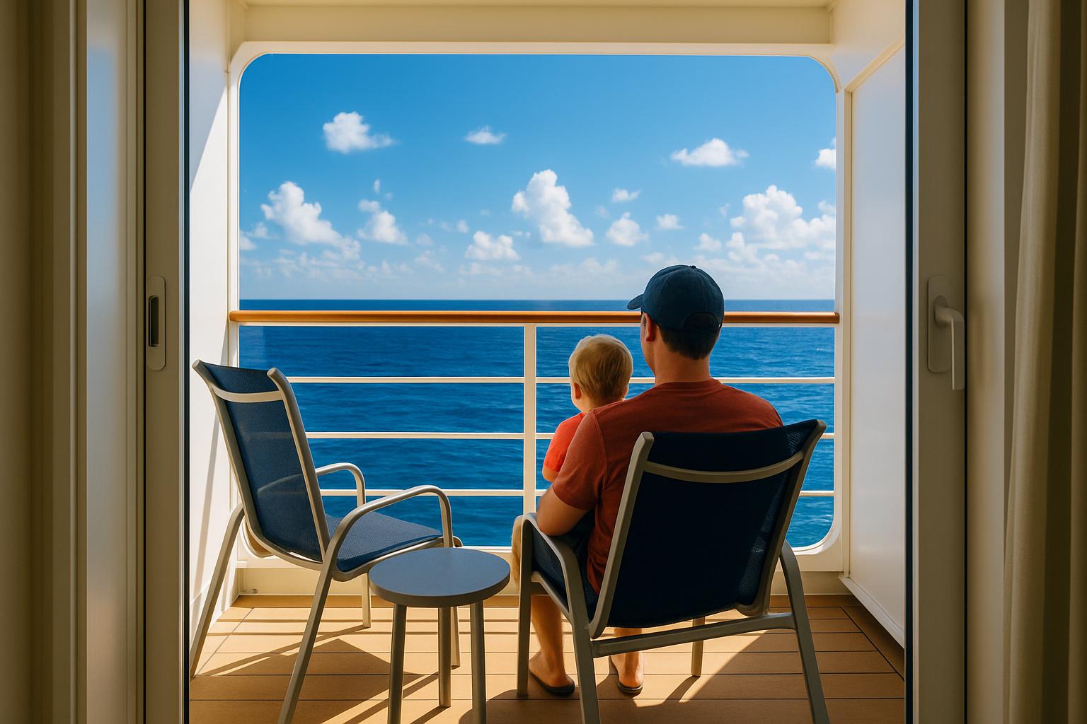 A cruise ship balcony seen from inside the cabin with a tall glass railing, two chairs and bright blue ocean beyond