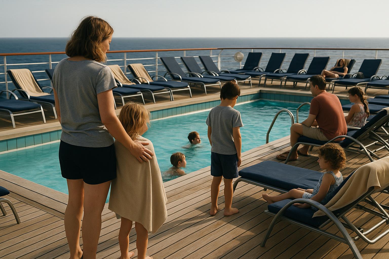 A busy sunny cruise ship pool deck with families of different ages, a toddler in a shallow pool, older children on a water slide and teenagers by the railing