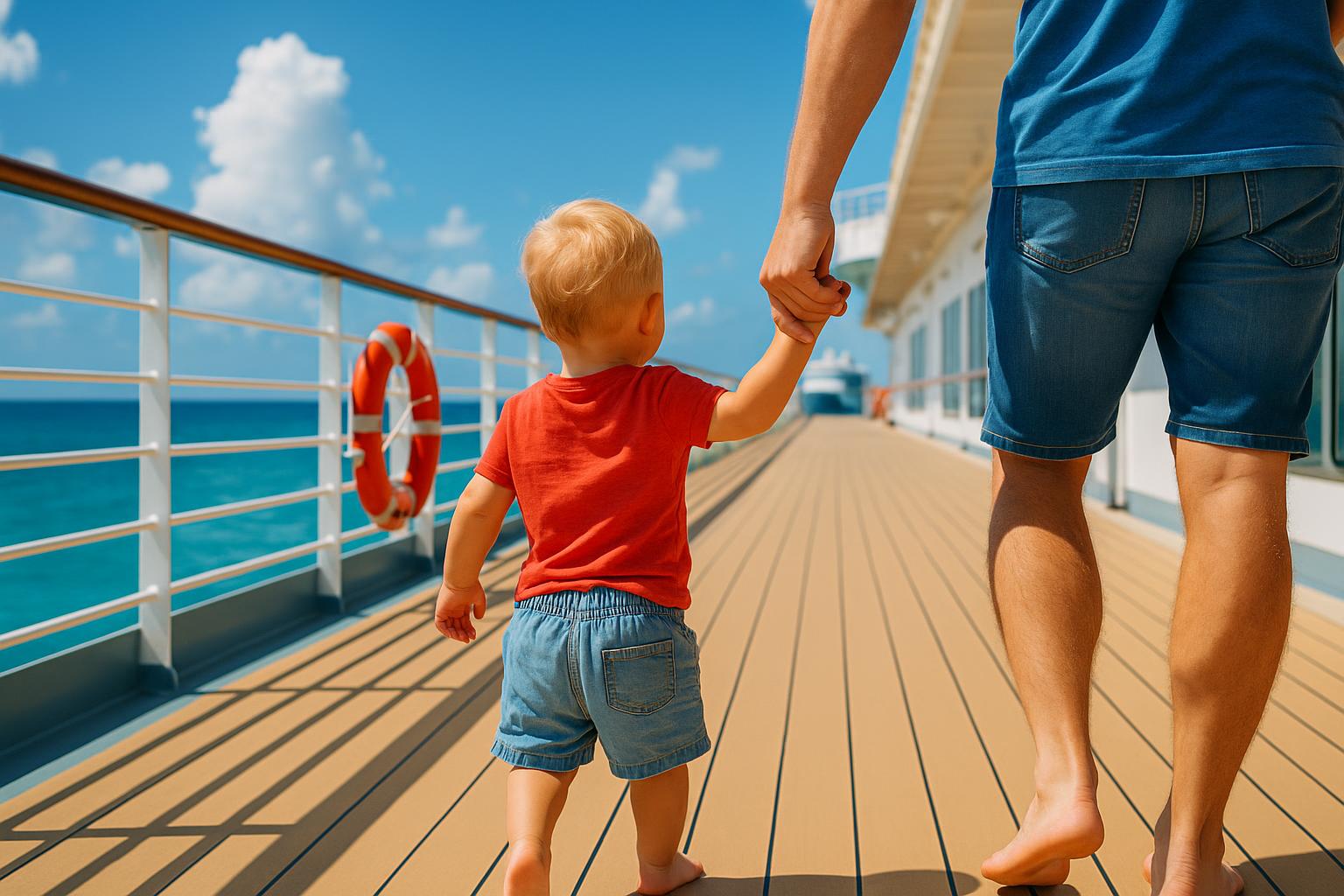 A toddler holding a parent's hand walking along a sunlit cruise ship promenade deck with calm turquoise sea beyond the railing