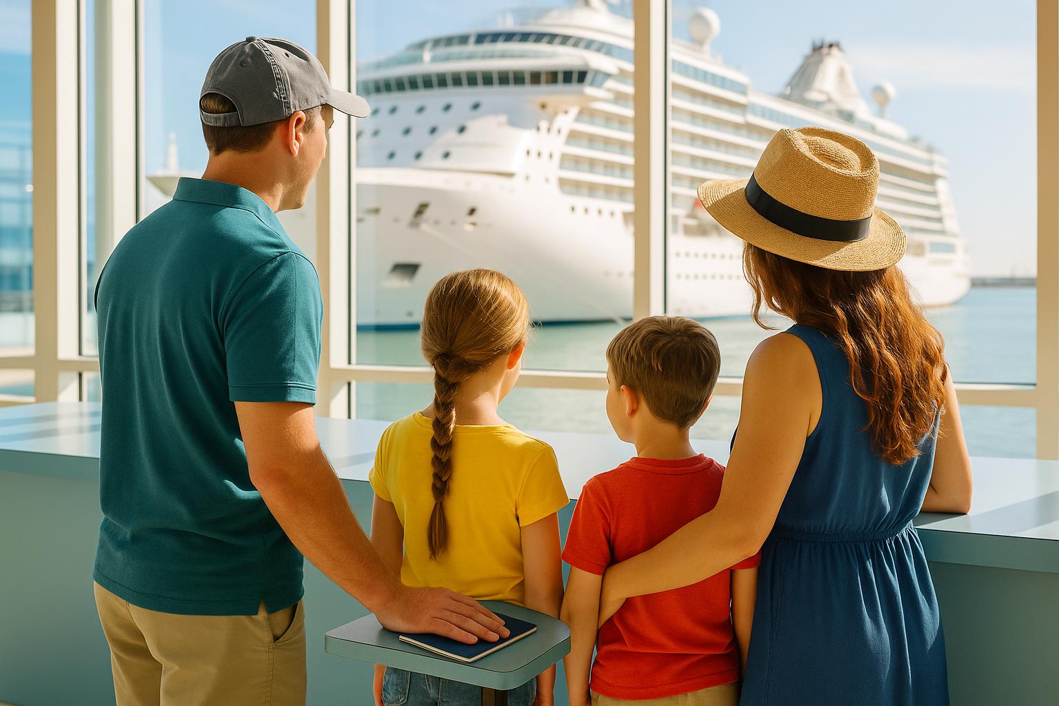 A parent's hands holding two children's passports and folded travel documents on a cruise terminal counter in soft natural light