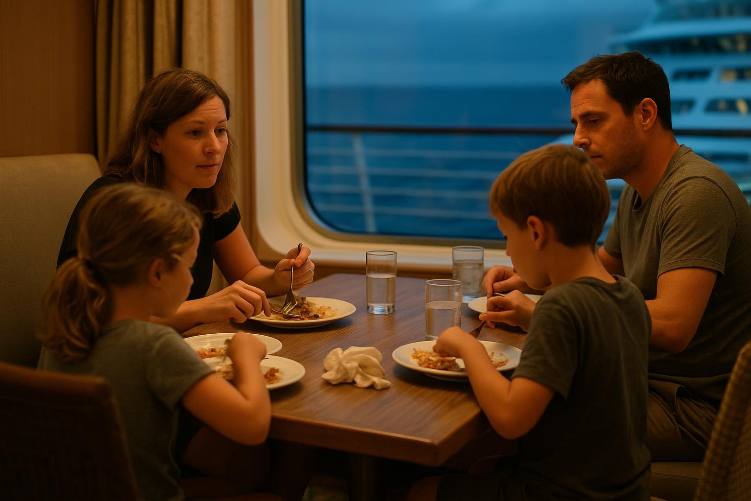 A family with two young children seated at a cruise ship dining room table in early evening light with windows showing a sunset over the sea