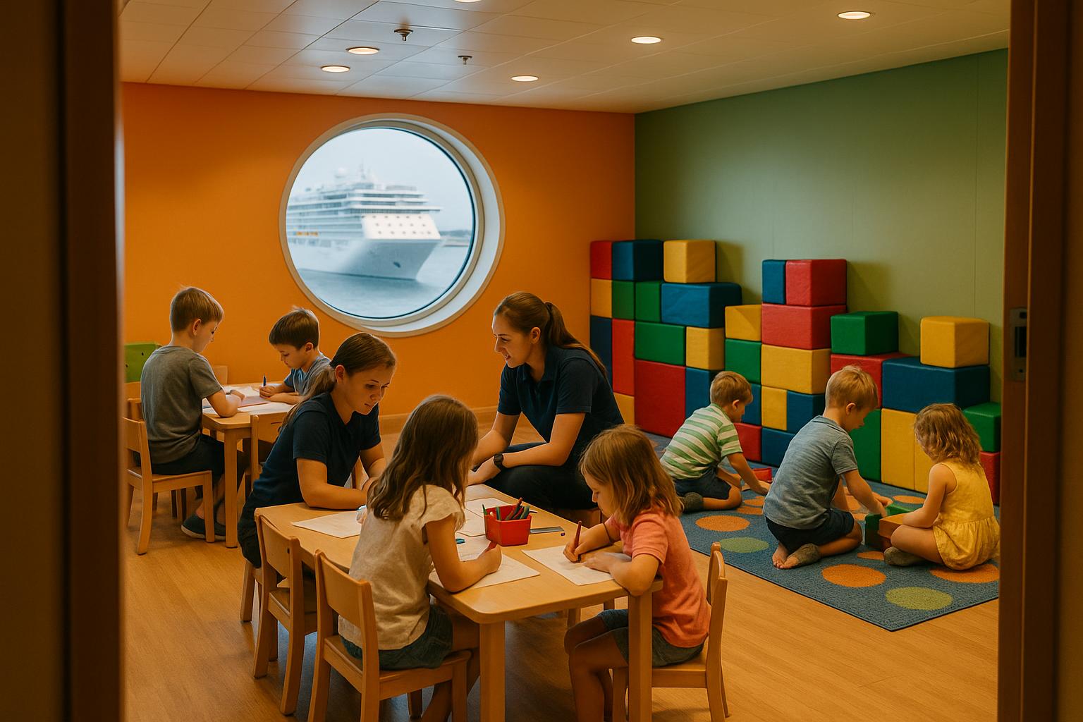 A bright cruise ship kids club playroom with low tables, craft supplies and children absorbed in activities, a large window showing blue sea