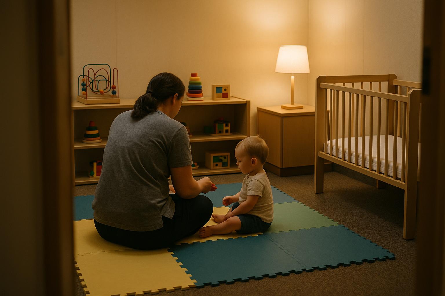 A calm cruise ship nursery room with padded play mats, wooden toys and pastel walls, warm gentle light and a porthole showing blue sea