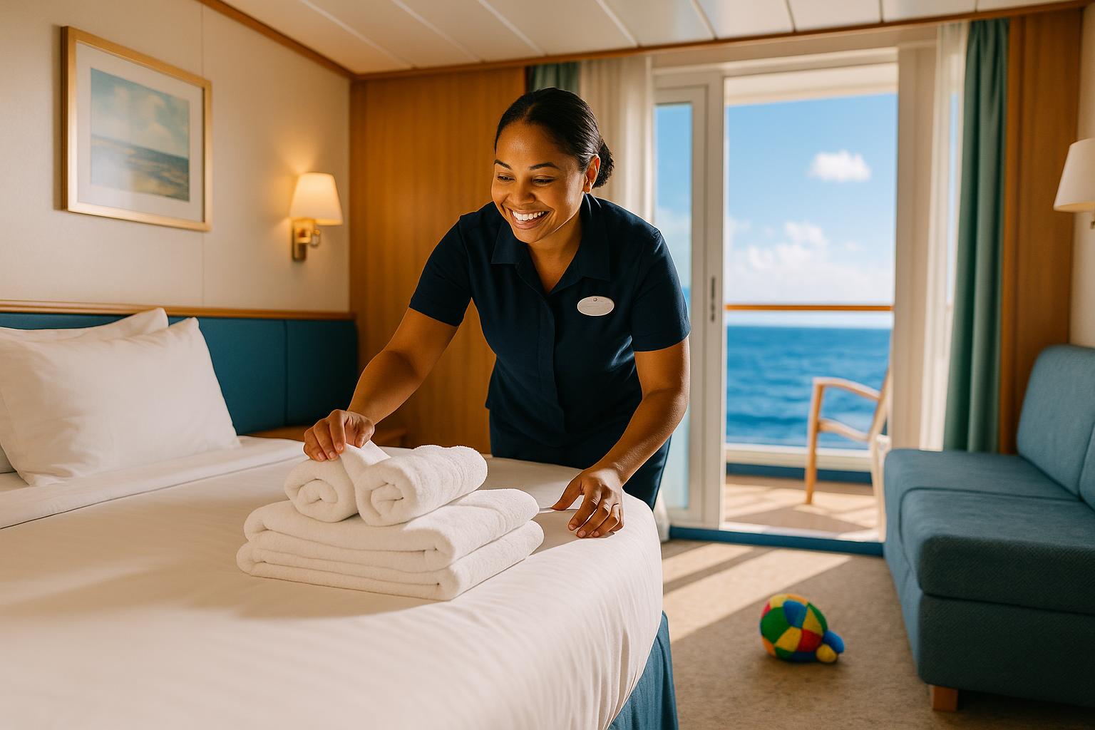 A cruise ship stateroom attendant tidying a family cabin with folded towels on the bed and bright light from an open balcony door