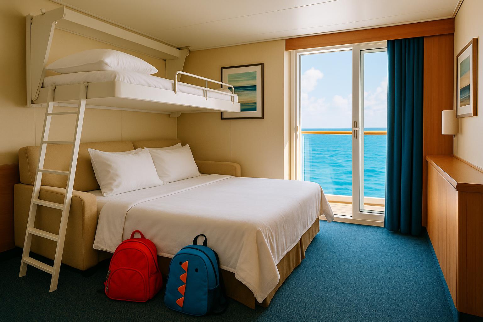 A spacious cruise ship family cabin with a made-up sofa bed and a pulled-down bunk, an open balcony door letting in bright ocean light
