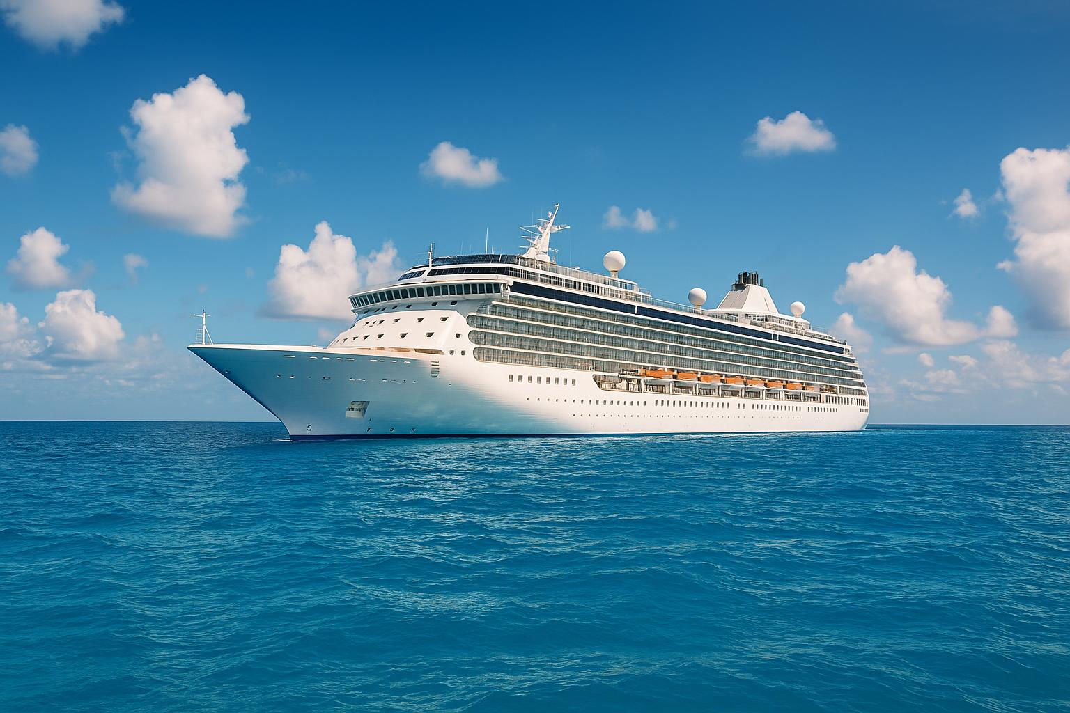 A large white family cruise ship photographed from the water in bright afternoon light with blue sea and clouds behind