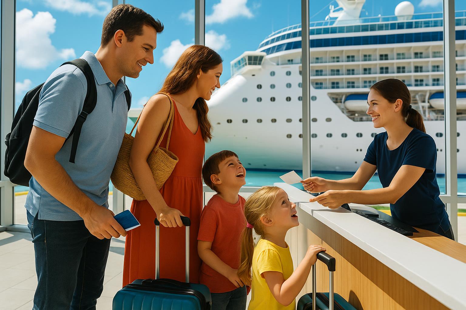 A family of four checking in at a cruise terminal desk with luggage and boarding documents, a large cruise ship visible through the window behind them