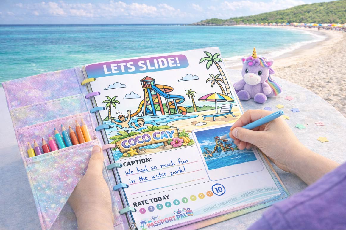 Child using journal on cruise