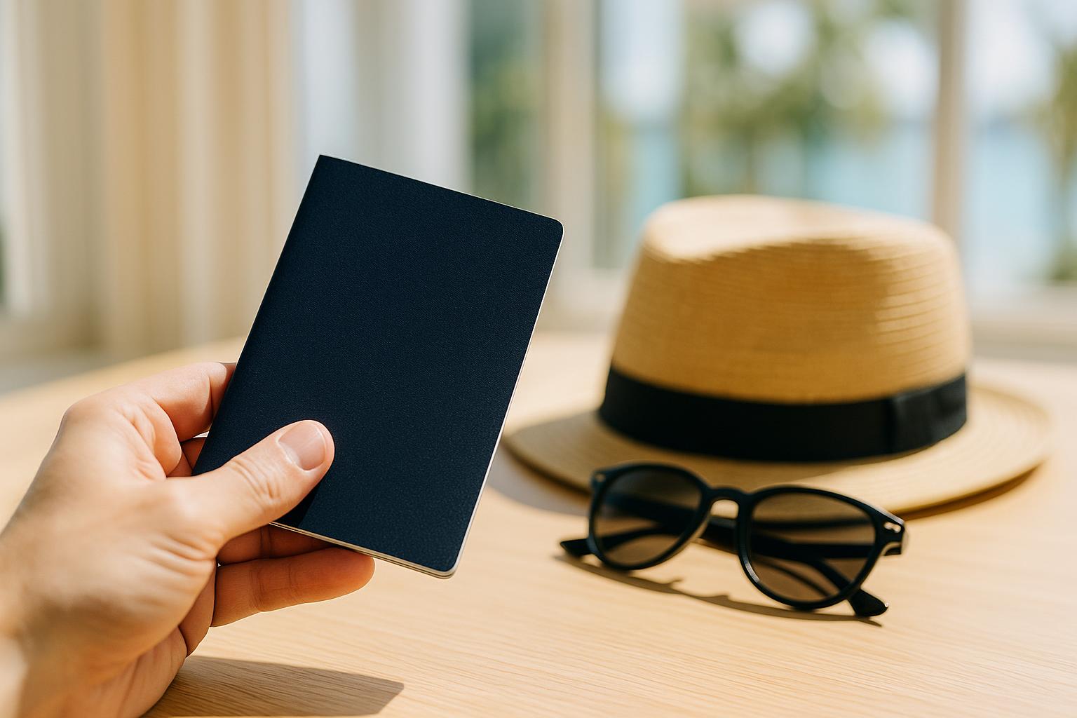 An open passport beside a printed travel document and sunglasses on a pale wooden table in warm natural light