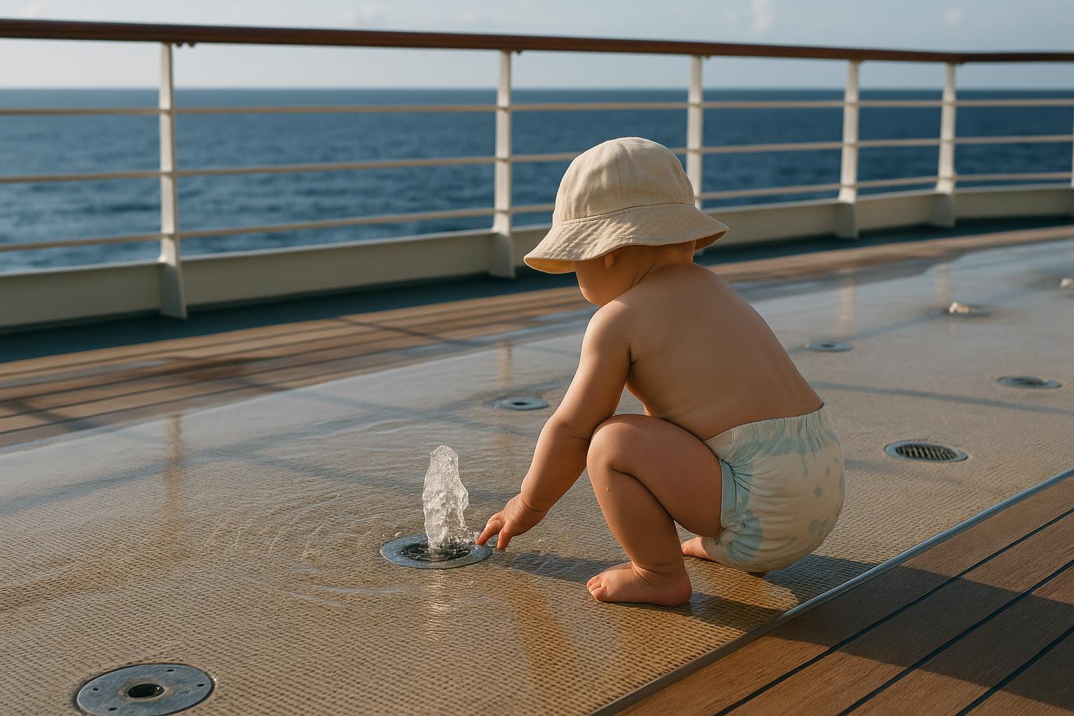 A toddler in a swim diaper playing in a shallow splash area on a sunny cruise ship deck