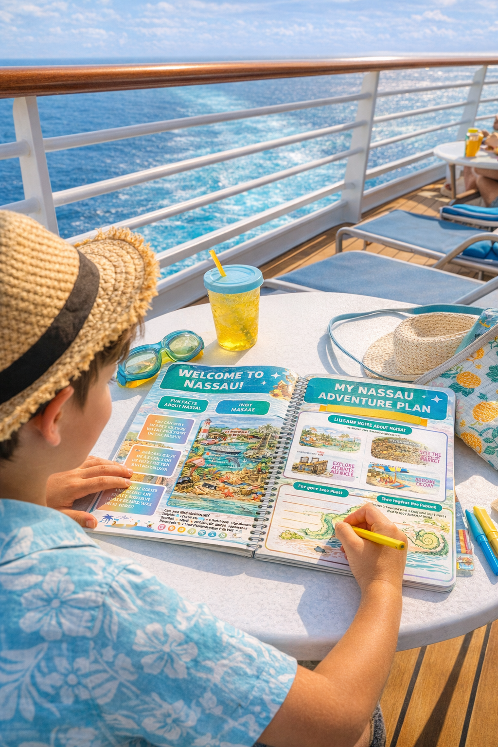 Nassau Port Pack printable activity pages laid out on a bright surface