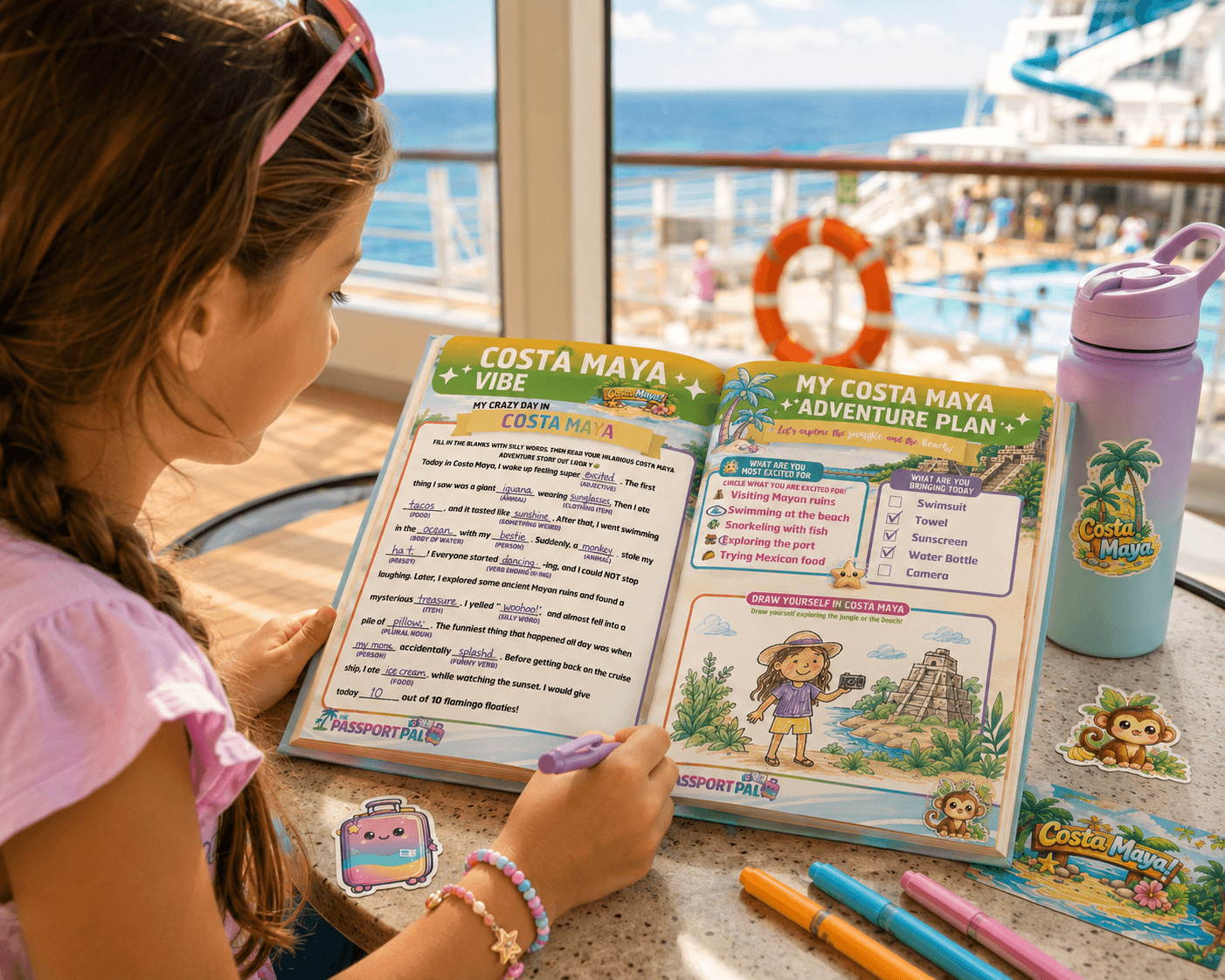 Costa Maya Port Pack printable activity pages laid out on a tropical surface